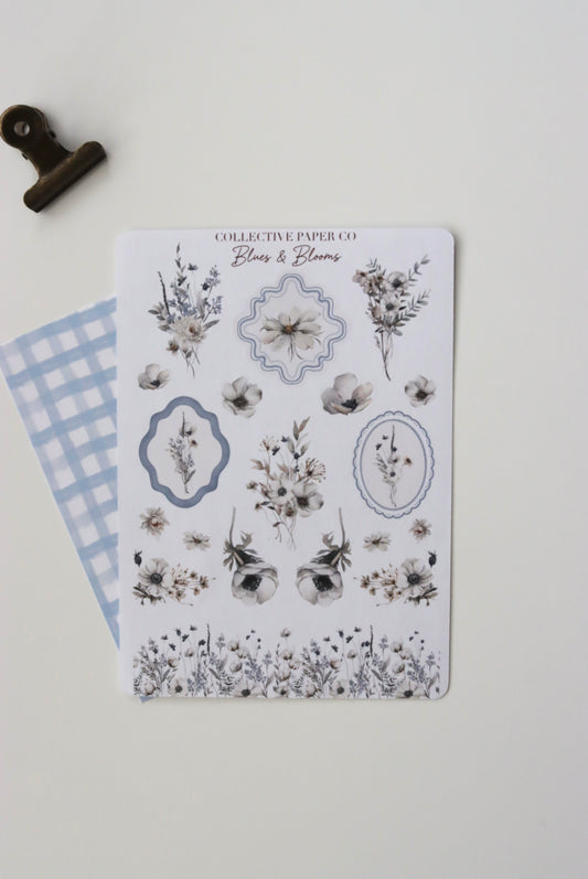 Decorative journaling sheet of kiss-cut watercolour floral elements stickers on Japanese washi paper
