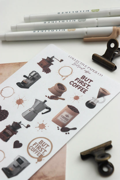 Decorative journaling sheet of kiss-cut vintage and realistic coffee themed stickers on Japanese washi paper 