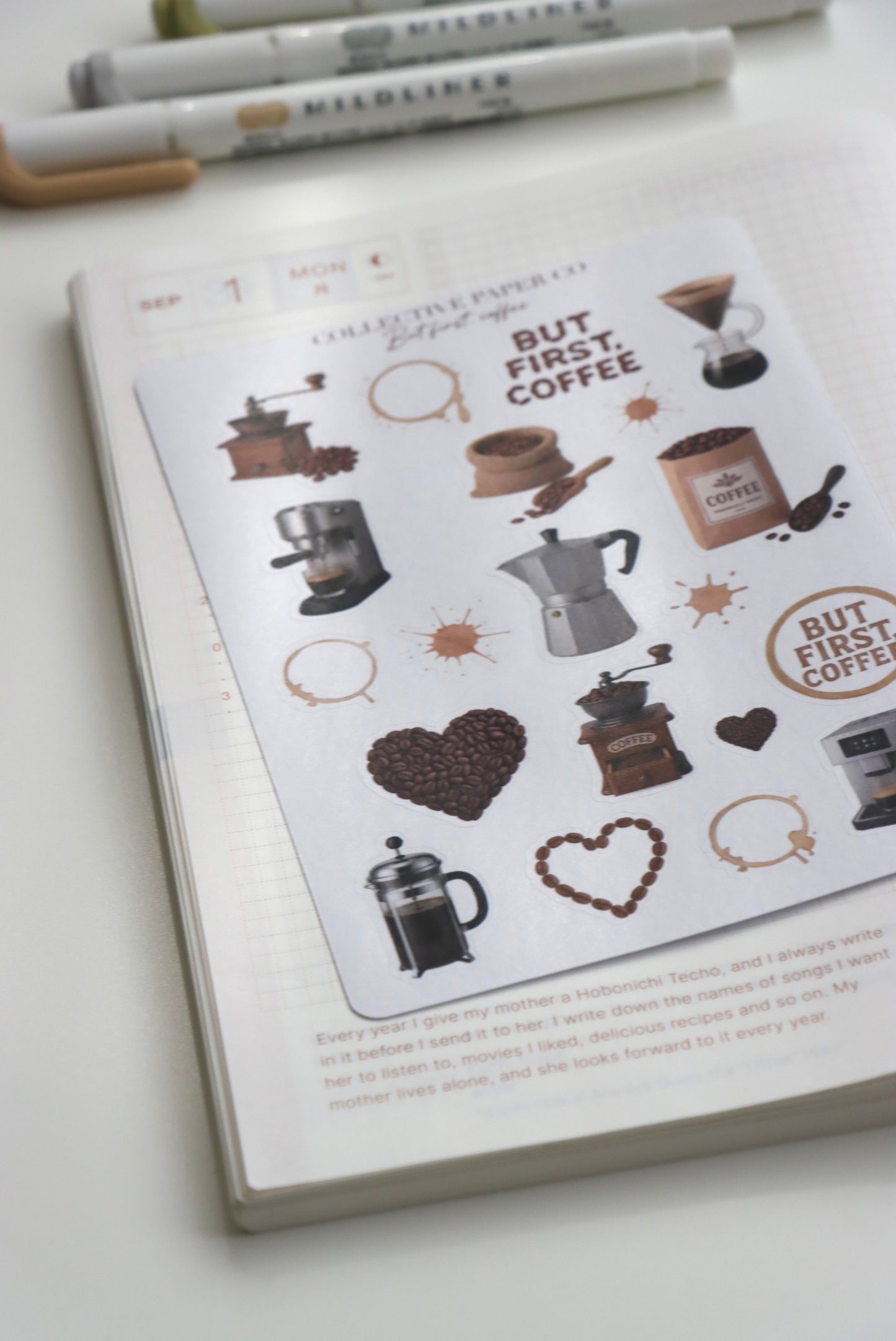 Decorative journaling sheet of kiss-cut vintage and realistic coffee themed stickers on Japanese washi paper 