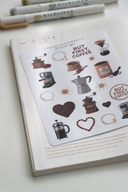 Decorative journaling sheet of kiss-cut vintage and realistic coffee themed stickers on Japanese washi paper 