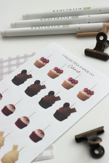 Decorative journaling sheet of kiss-cut vintage and realistic birthday cupcake stickers on Japanese washi paper 