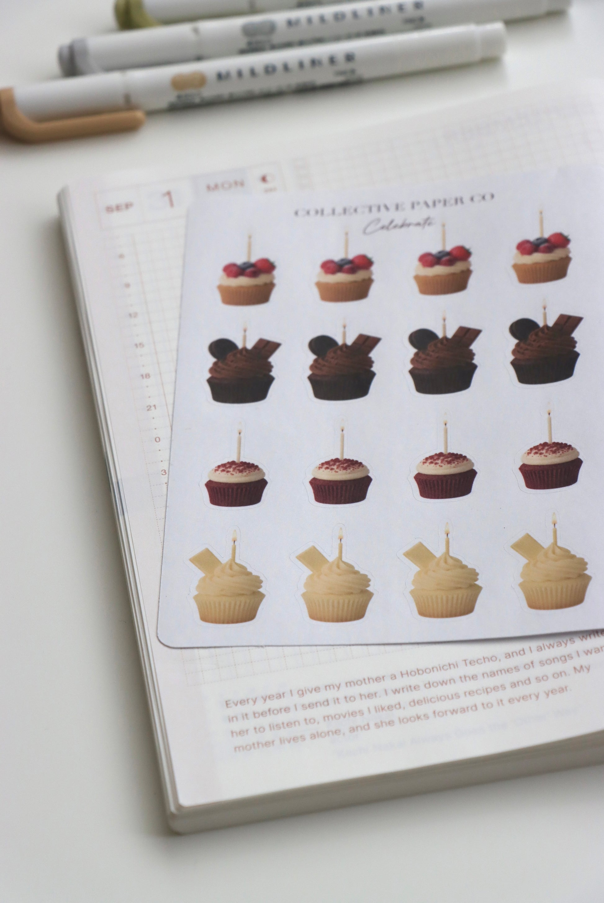 Decorative journaling sheet of kiss-cut vintage and realistic birthday cupcake stickers on Japanese washi paper