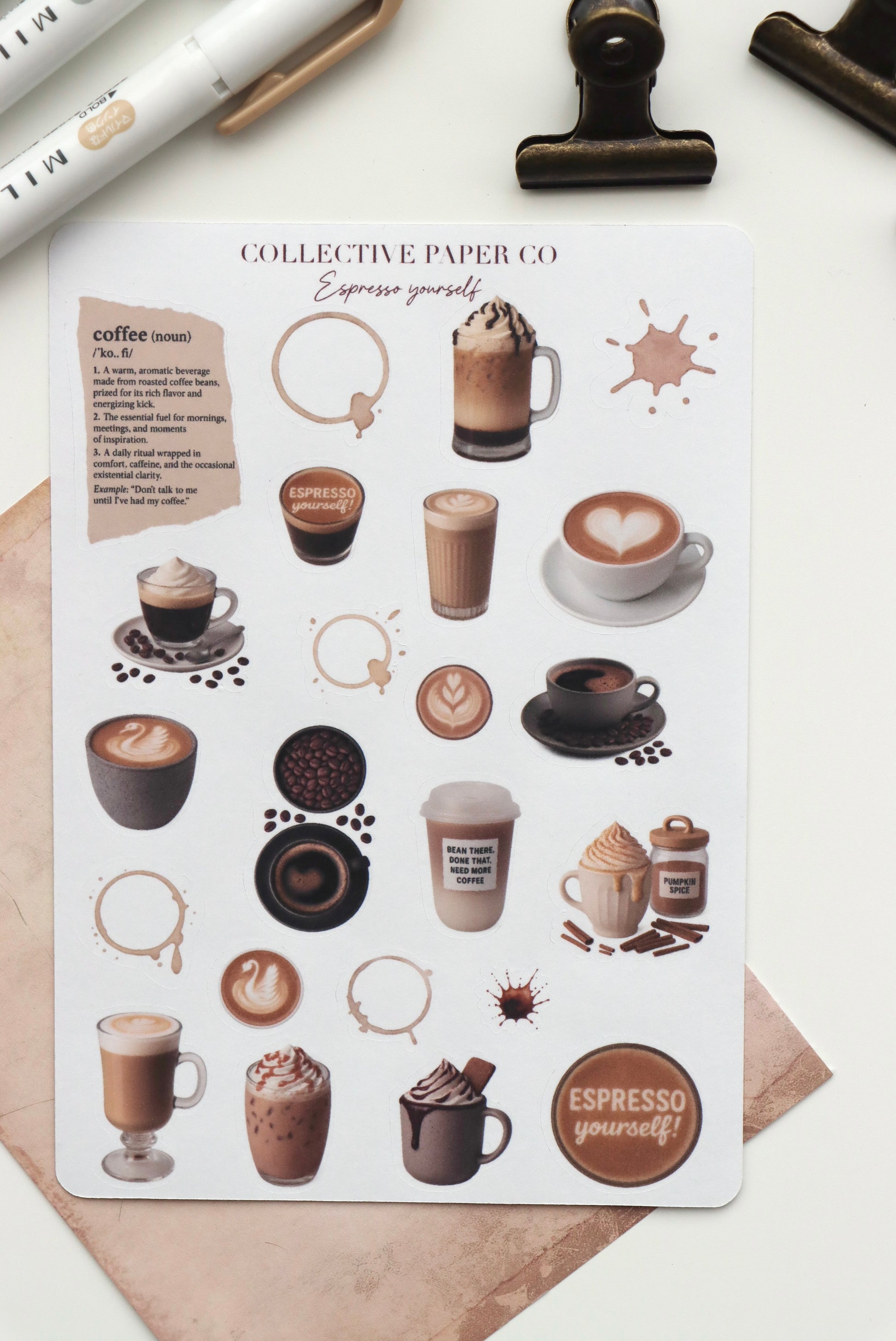 Decorative journaling sheet of kiss-cut vintage and realistic stickers for coffee lovers on Japanese washi paper 