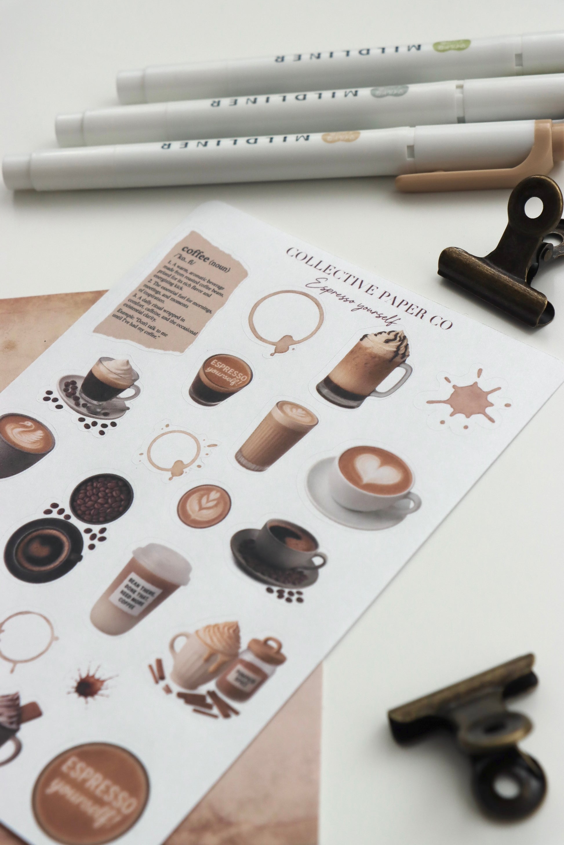 Decorative journaling sheet of kiss-cut vintage and realistic stickers for coffee lovers on Japanese washi paper 