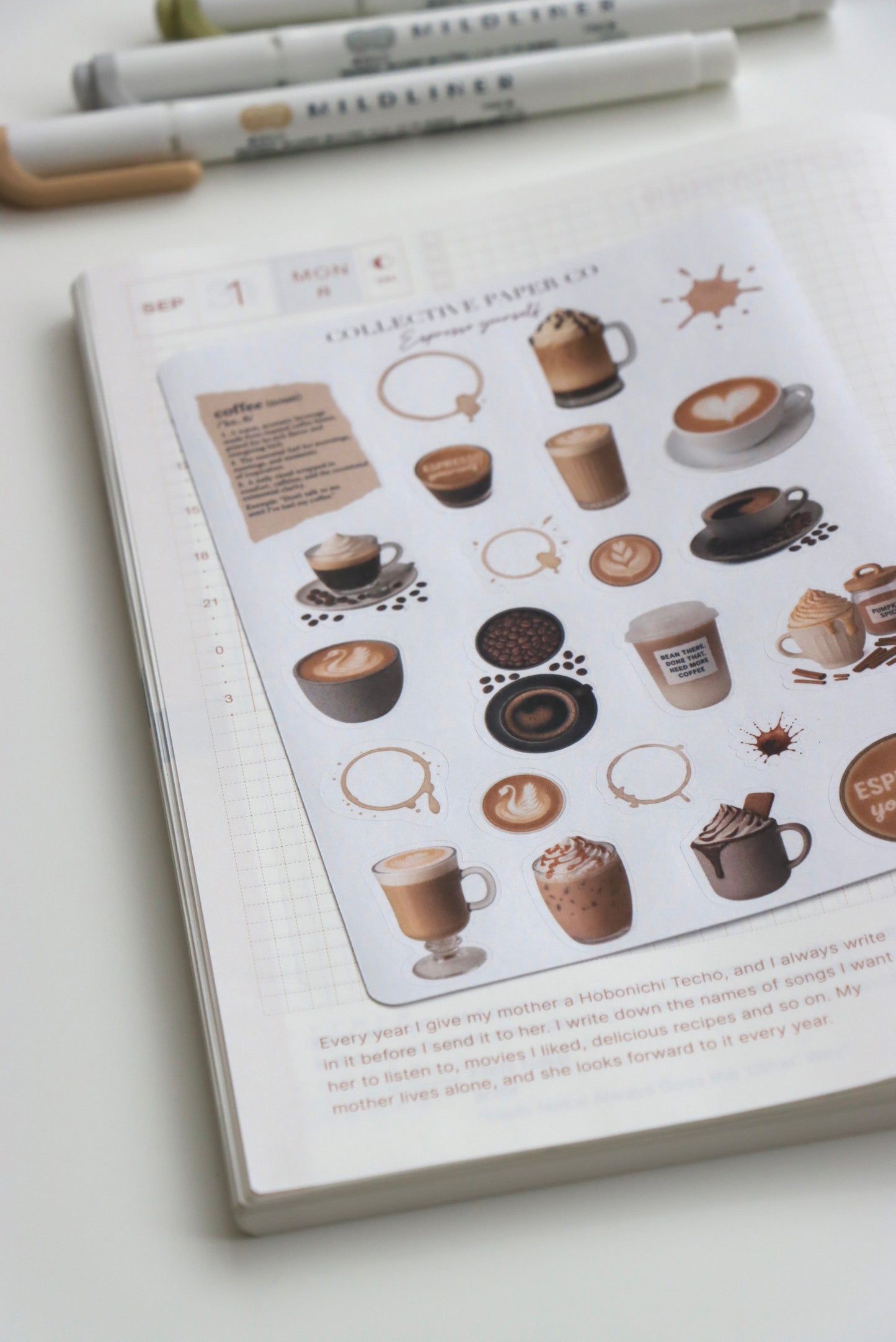 Decorative journaling sheet of kiss-cut vintage and realistic stickers for coffee lovers on Japanese washi paper 