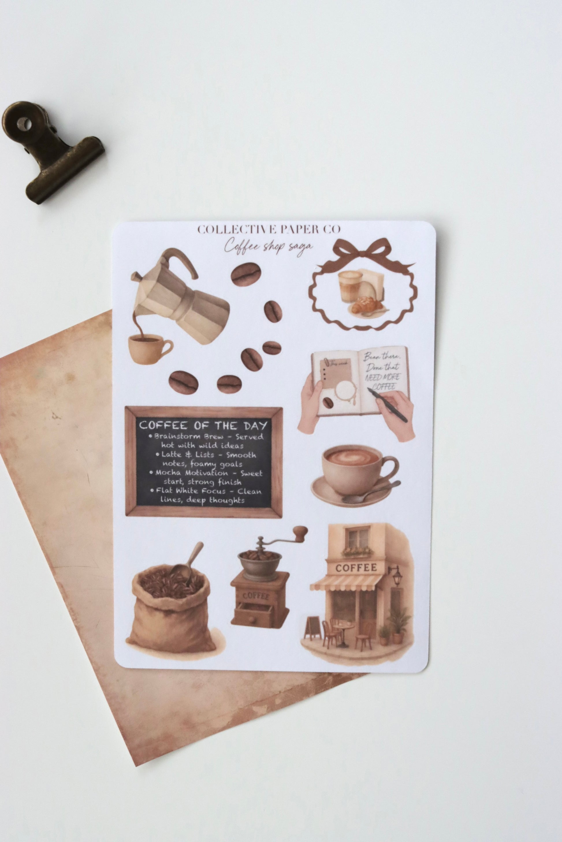 Decorative journaling sheet of kiss-cut  vintage watercolour  illustrations of coffee shop items on Japanese washi paper