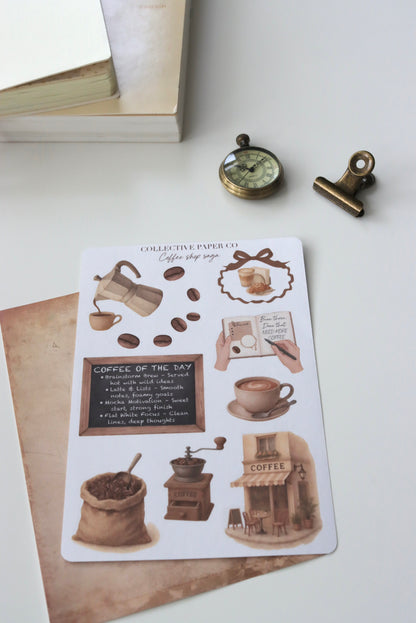 Decorative journaling sheet of kiss-cut  vintage watercolour  illustrations of coffee shop items on Japanese washi paper