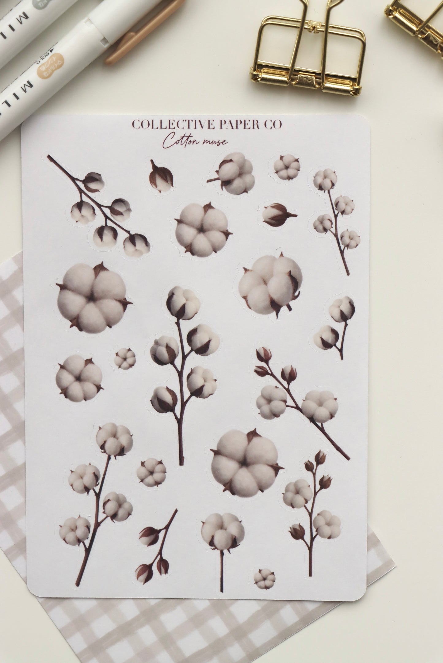 Decorative journaling sheet of kiss-cut vintage and realistic stickers of Cotton muse on Japanese washi paper