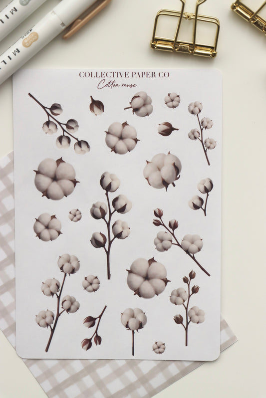 Decorative journaling sheet of kiss-cut vintage and realistic stickers of Cotton muse on Japanese washi paper