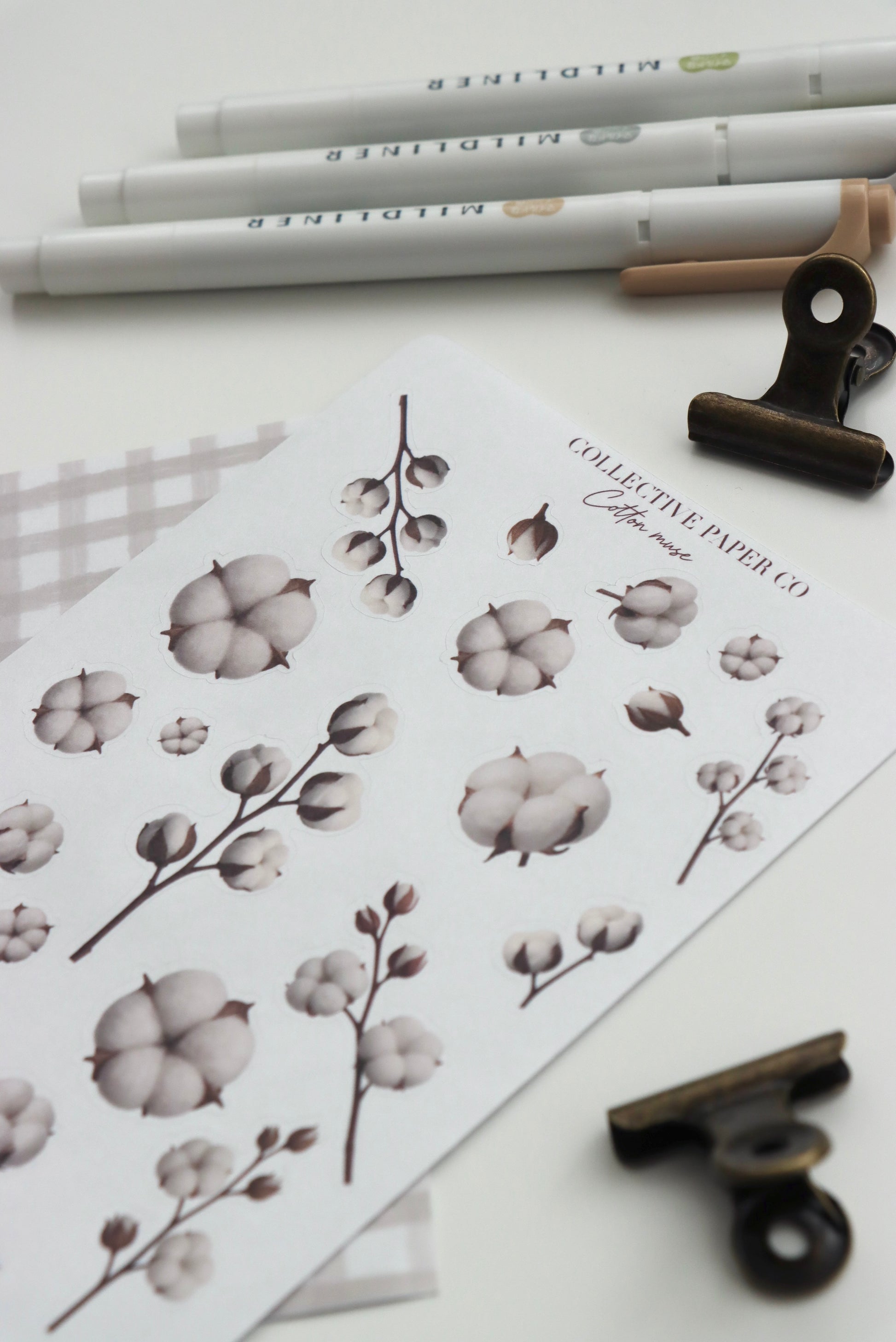 Decorative journaling sheet of kiss-cut vintage and realistic stickers of Cotton muse on Japanese washi paper