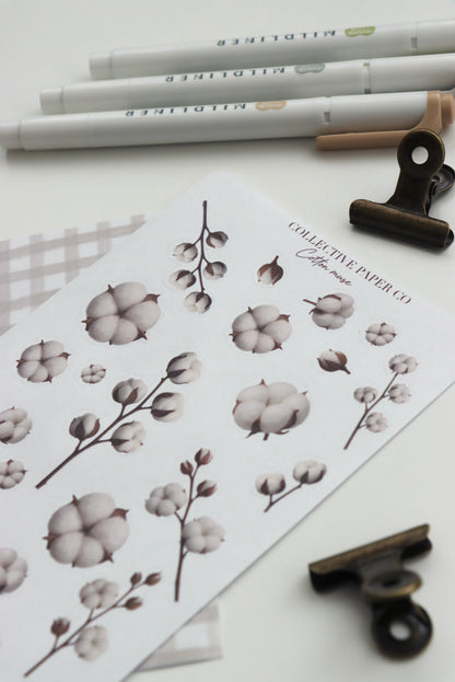 Decorative journaling sheet of kiss-cut vintage and realistic stickers of Cotton muse on Japanese washi paper