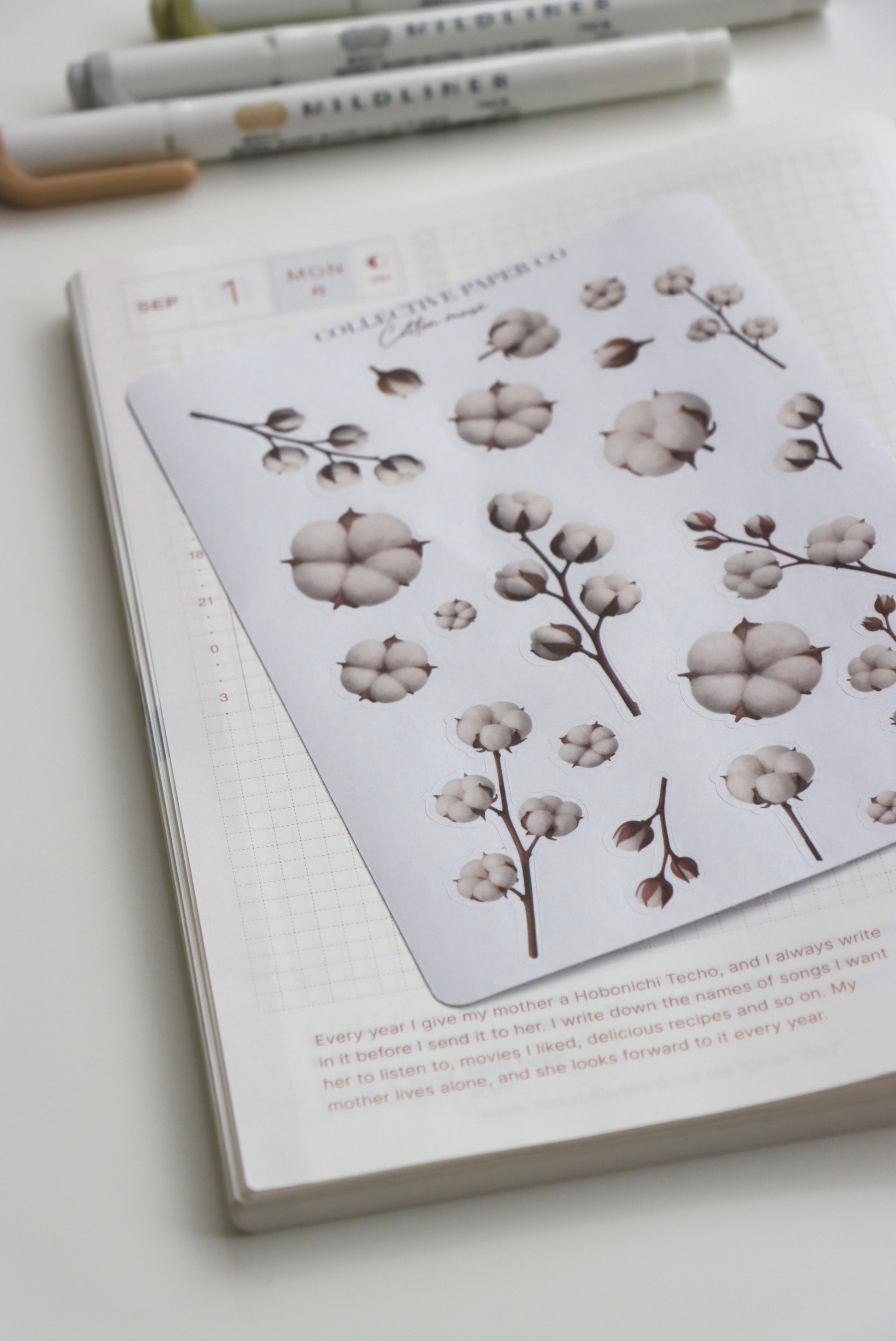 Decorative journaling sheet of kiss-cut vintage and realistic stickers of Cotton muse on Japanese washi paper