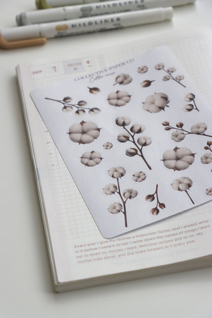 Decorative journaling sheet of kiss-cut vintage and realistic stickers of Cotton muse on Japanese washi paper