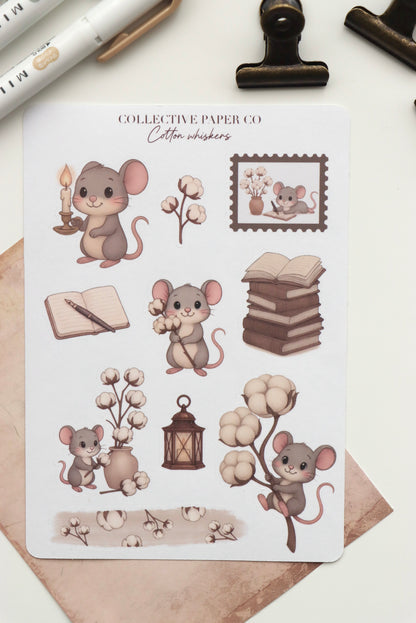 Decorative journaling sheet of kiss-cut stickers of Cotton Whiskers on Japanese washi paper