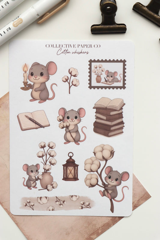 Decorative journaling sheet of kiss-cut stickers of Cotton Whiskers on Japanese washi paper