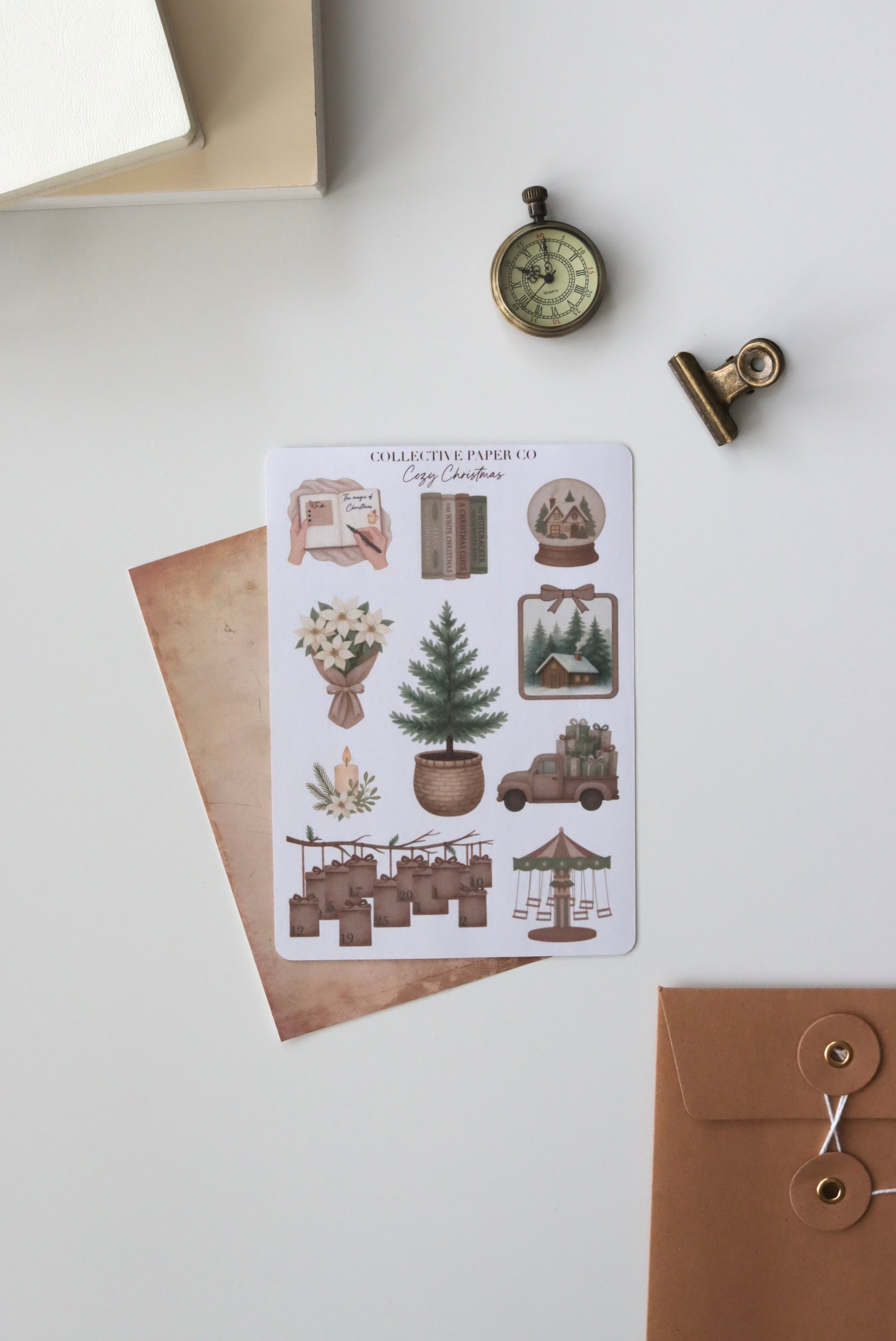 Decorative journaling sheet of kiss-cut  vintage watercolour Christmas illustrations of journaling-planner stickers on Japanese washi paper