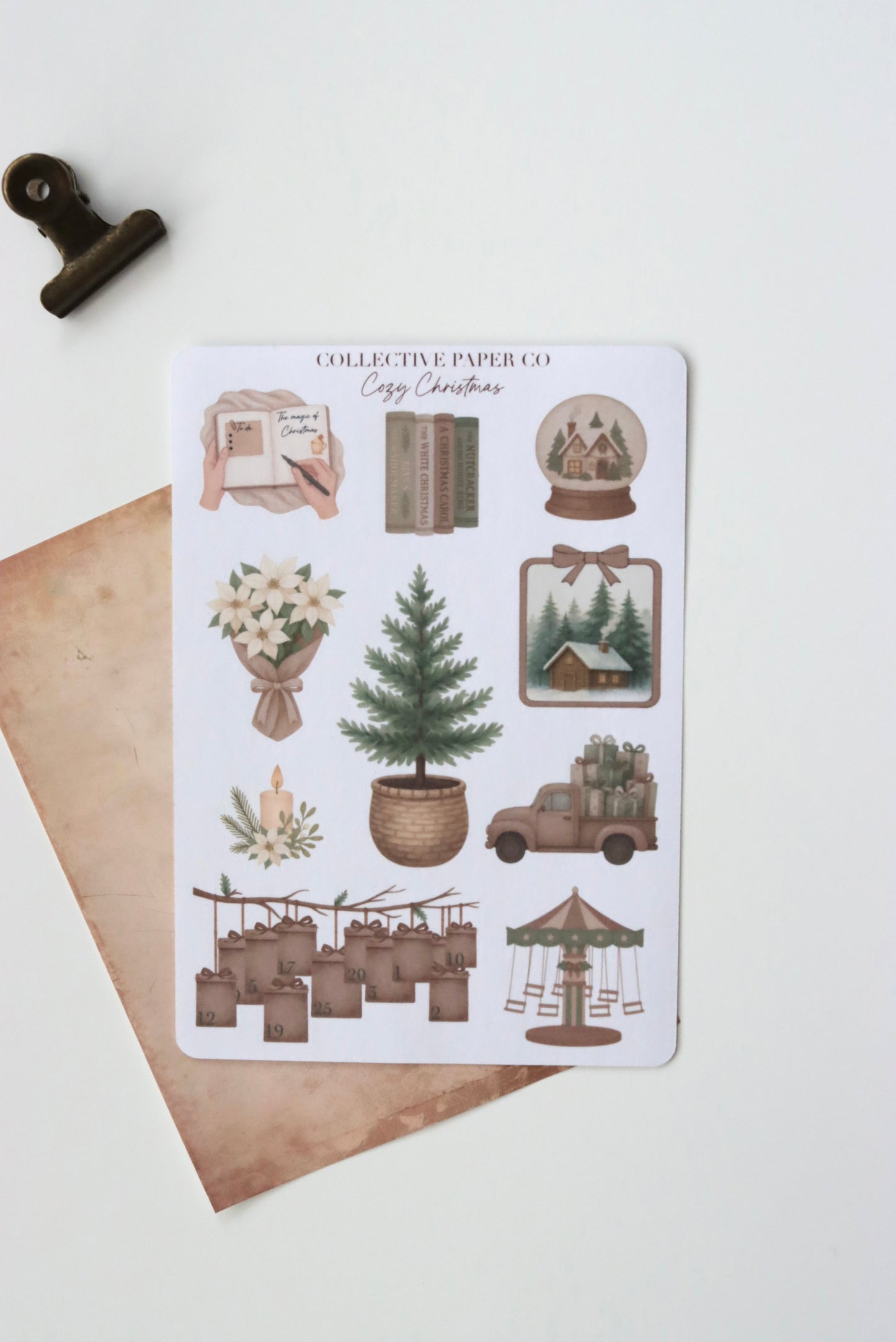 Decorative journaling sheet of kiss-cut  vintage watercolour Christmas illustrations of journaling-planner stickers on Japanese washi paper