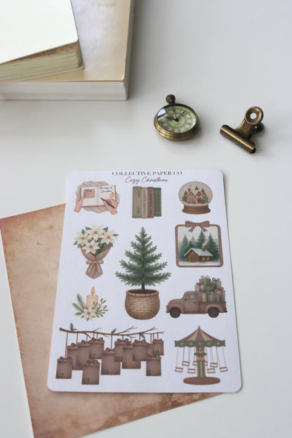 Decorative journaling sheet of kiss-cut  vintage watercolour Christmas illustrations of journaling-planner stickers on Japanese washi paper