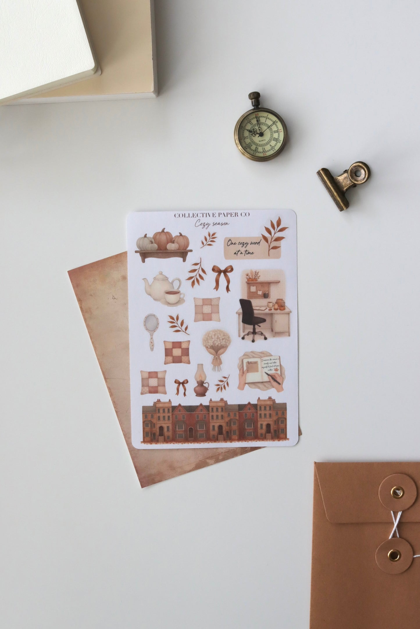 Decorative journaling sheet of kiss-cut  vintage watercolour  illustrations of cozy home items and autumn houses on Japanese washi paper
