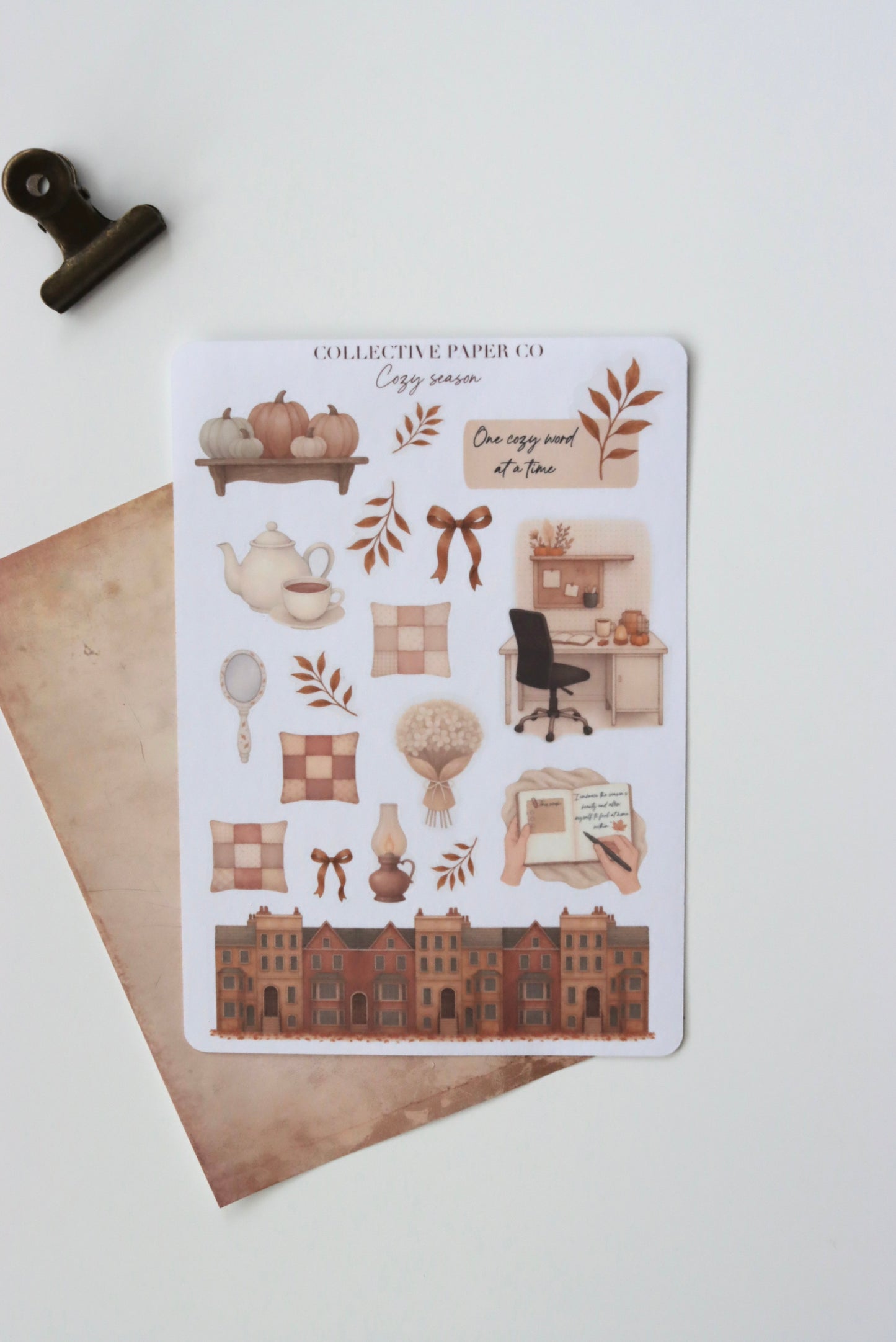 Decorative journaling sheet of kiss-cut  vintage watercolour  illustrations of cozy home items and autumn houses on Japanese washi paper