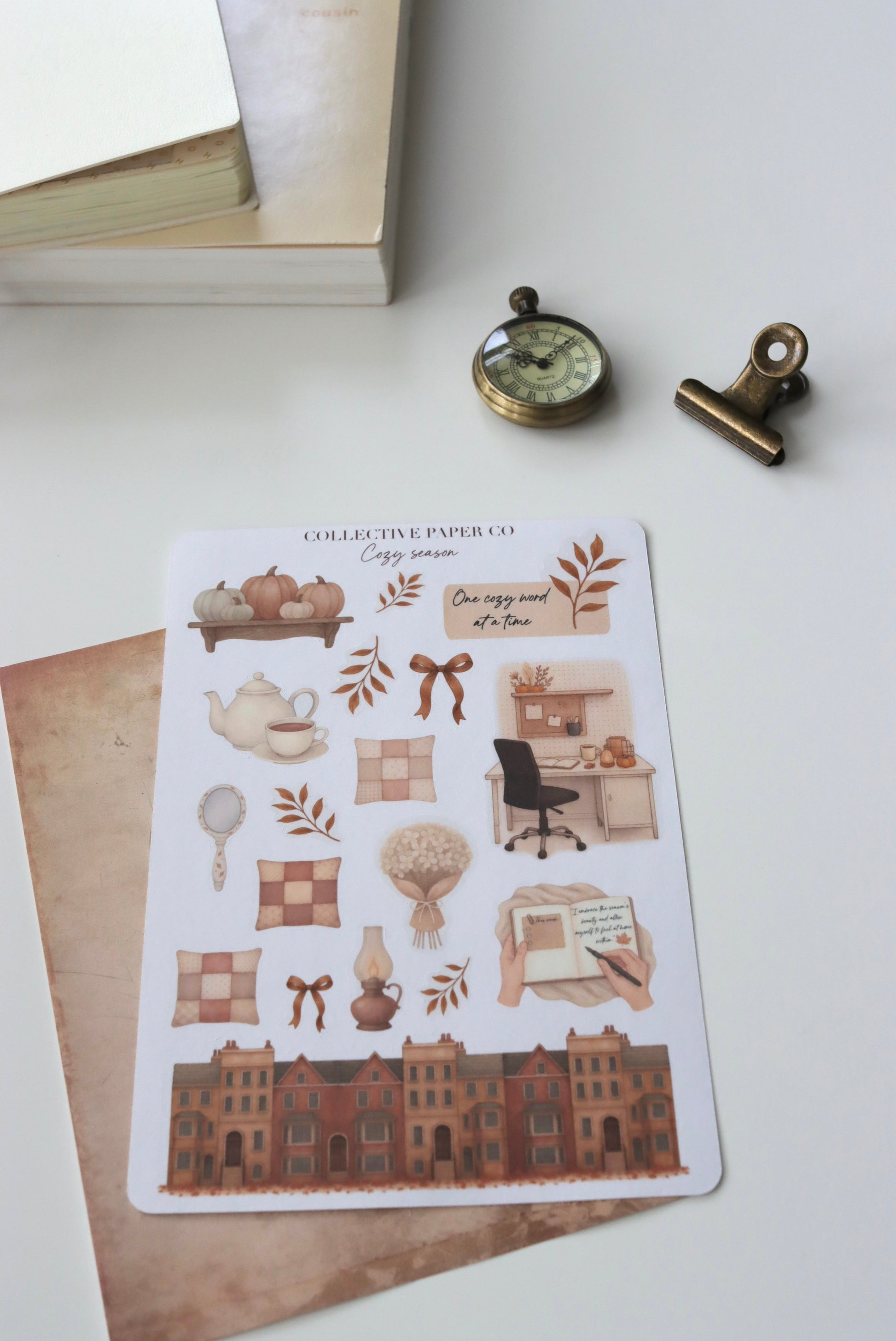 Decorative journaling sheet of kiss-cut  vintage watercolour  illustrations of cozy home items and autumn houses on Japanese washi paper