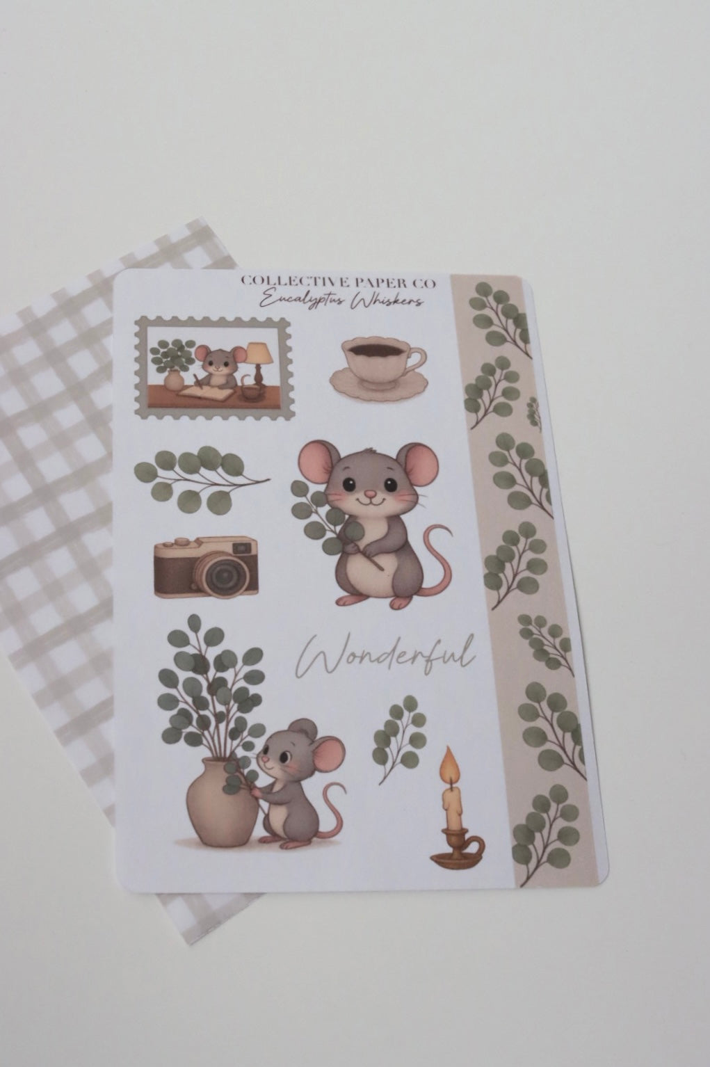 Decorative journaling sheet of kiss-cut  eucalyptus illustrations of journaling-planner stickers on Japanese washi paper