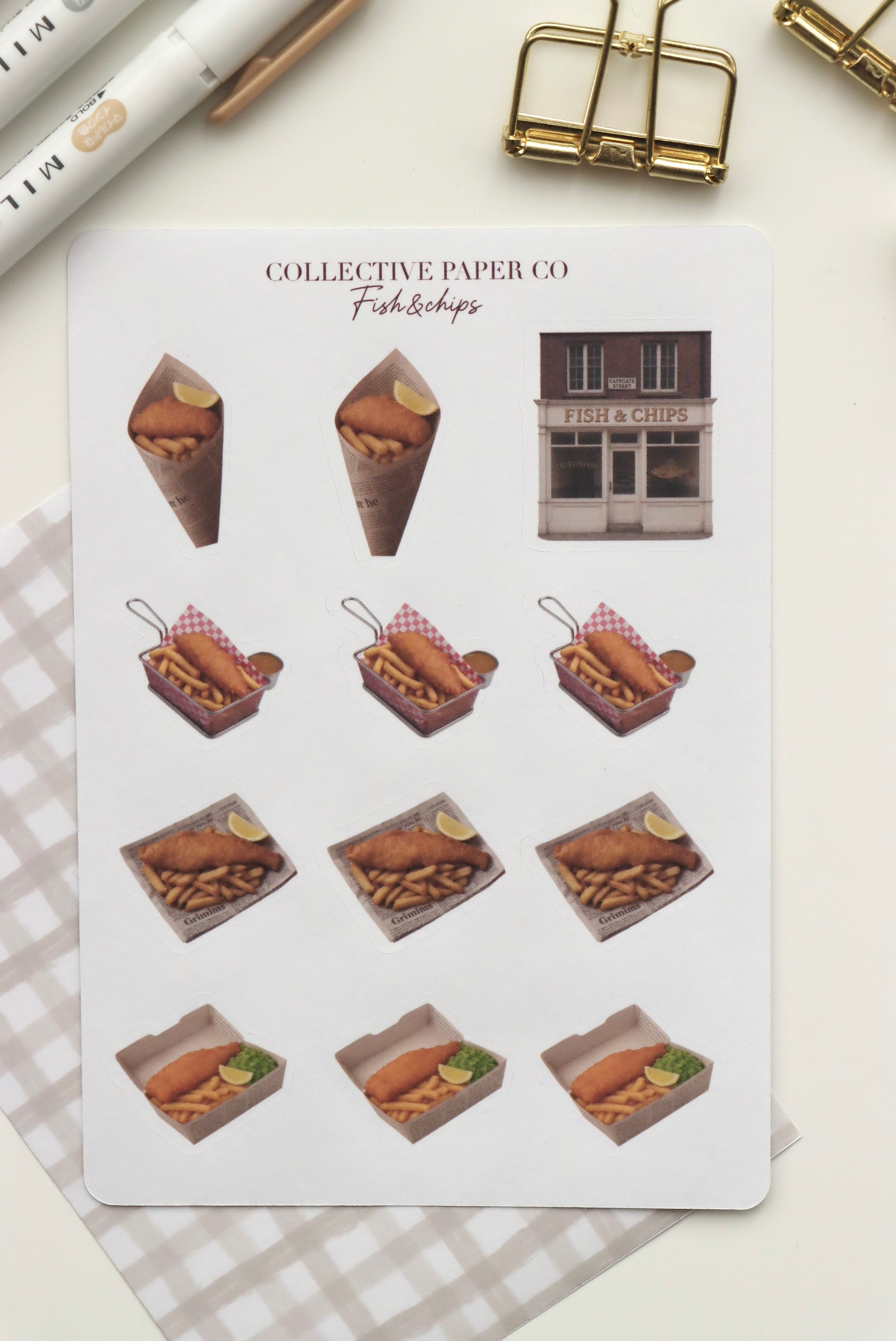 Decorative sheet of fish and chips stickers on Japanese washi paper 