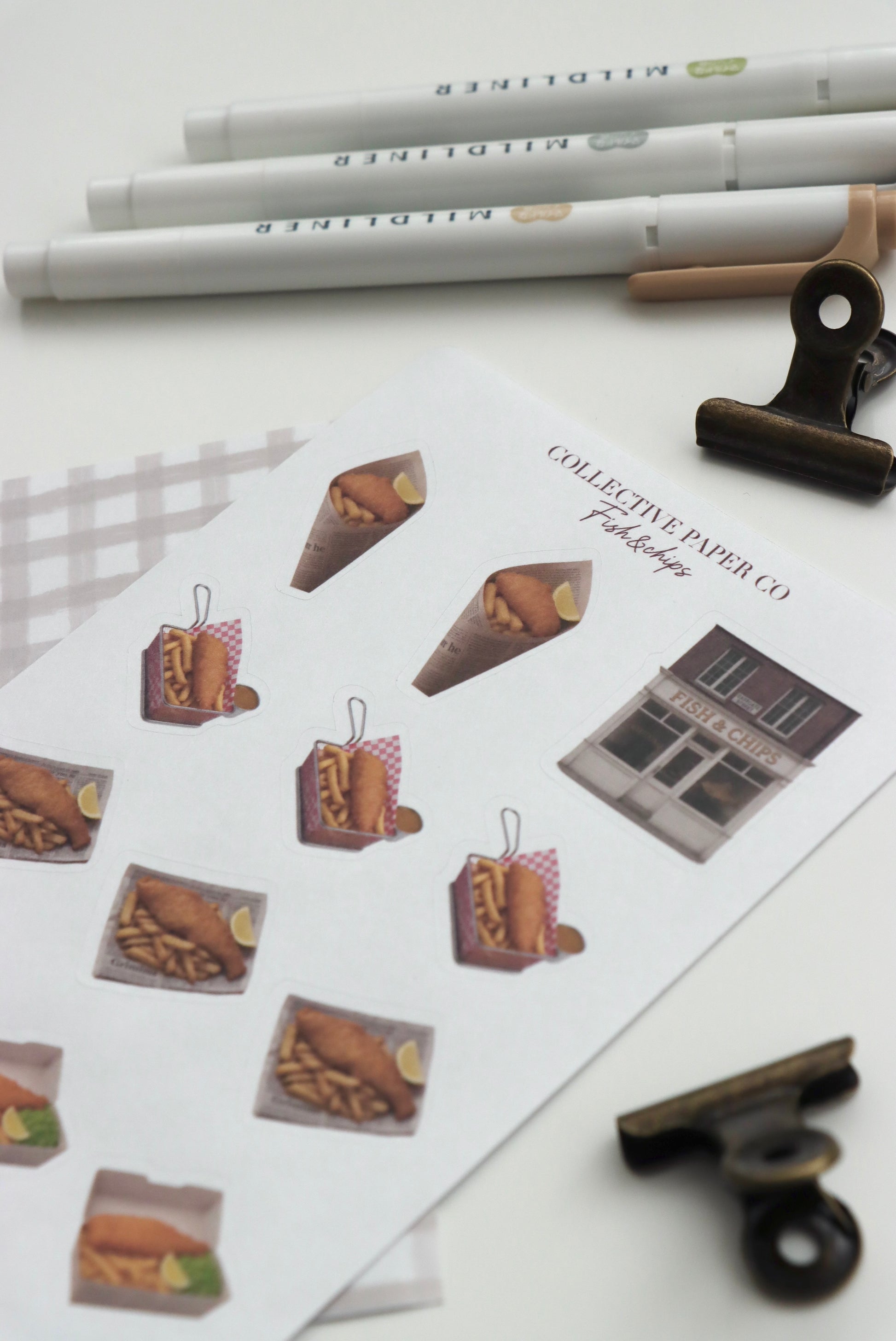 Decorative sheet of fish and chips stickers on Japanese washi paper
 