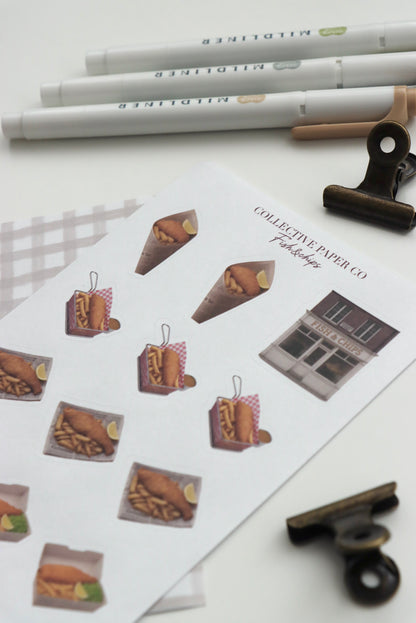 Decorative sheet of fish and chips stickers on Japanese washi paper
 