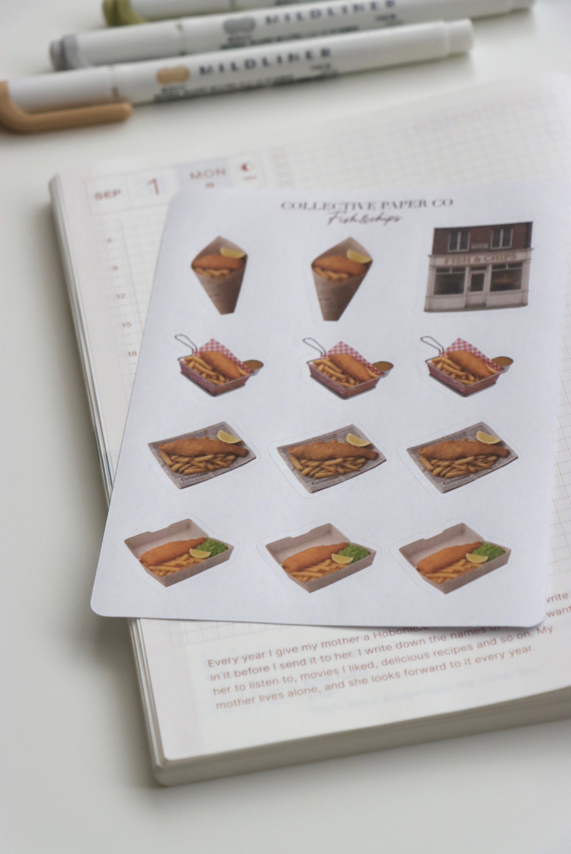Decorative sheet of fish and chips stickers on Japanese washi paper
 