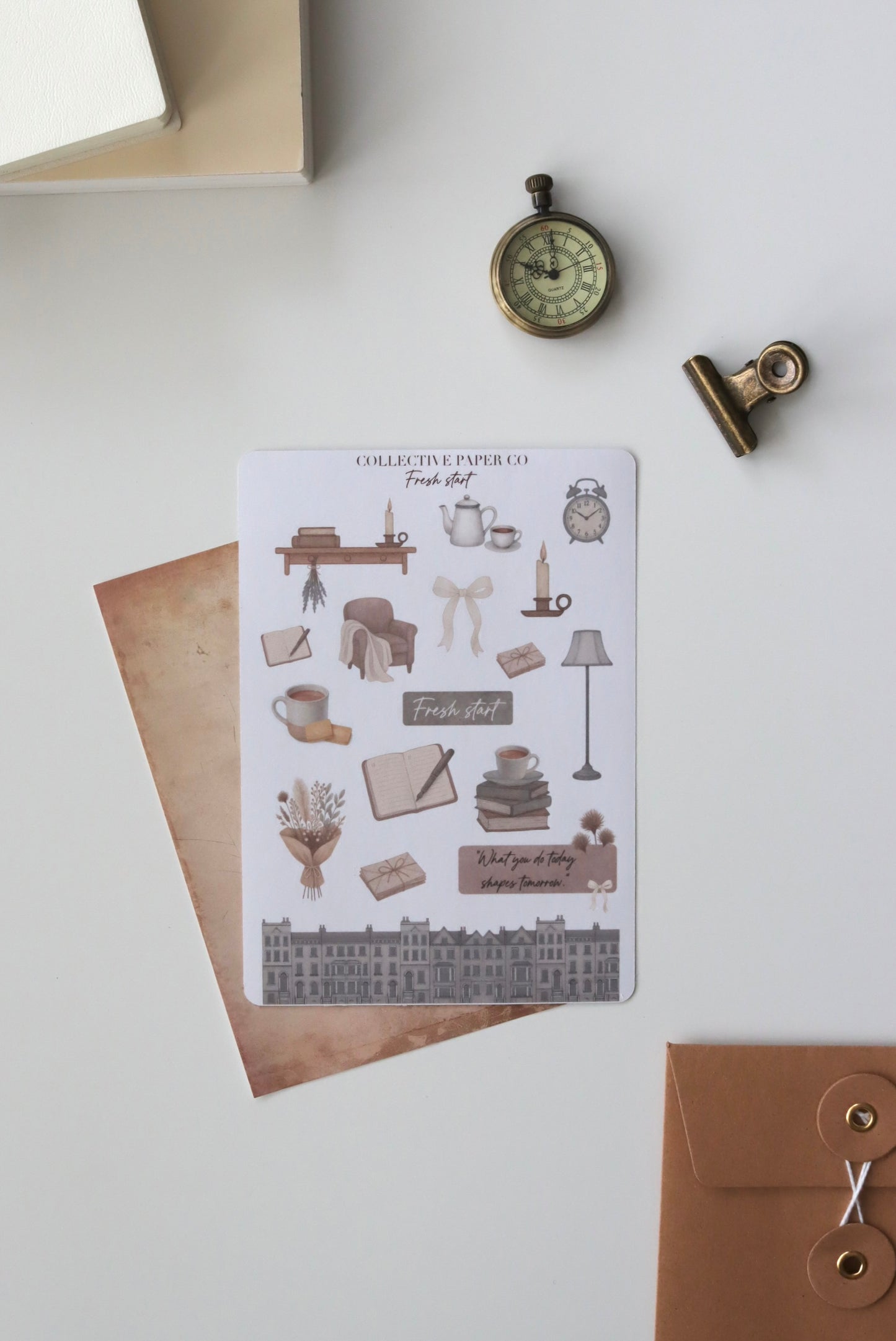 Decorative journaling sheet of kiss-cut  vintage watercolour cozy home illustrations of journaling-planner stickers on Japanese washi paper