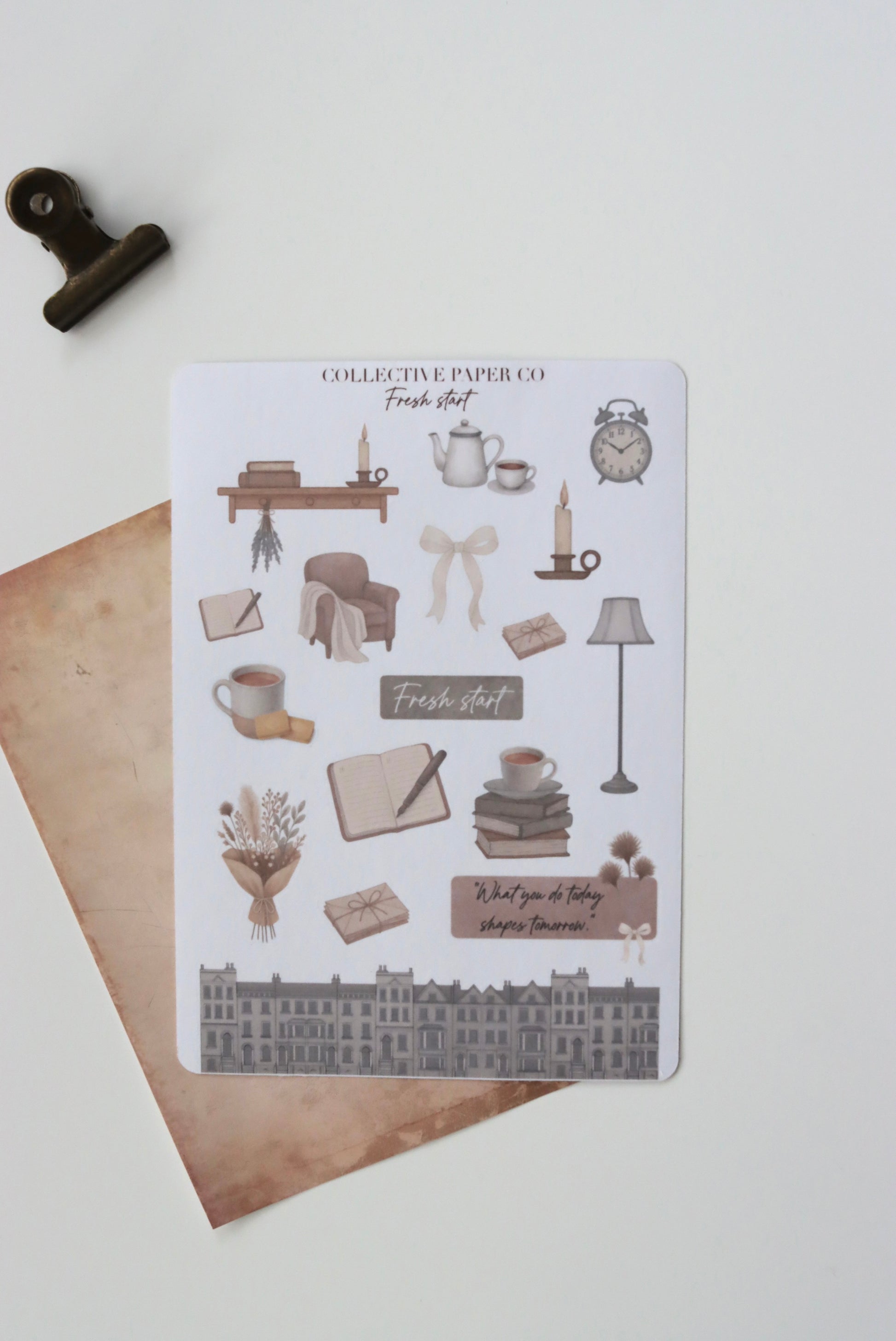 Decorative journaling sheet of kiss-cut  vintage watercolour cozy home illustrations of journaling-planner stickers on Japanese washi paper