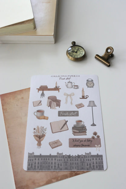 Decorative journaling sheet of kiss-cut  vintage watercolour cozy home illustrations of journaling-planner stickers on Japanese washi paper