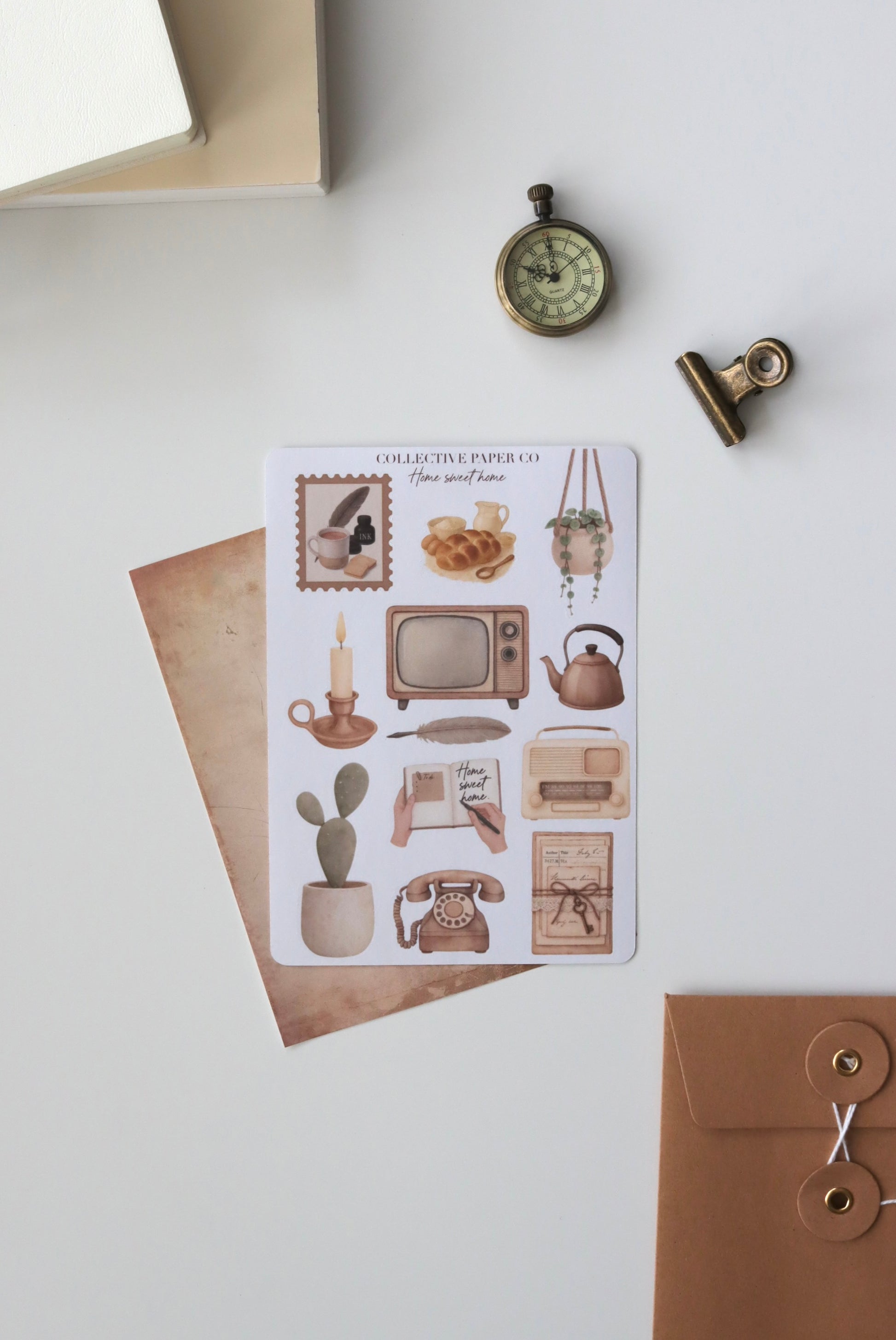 Decorative journaling sheet of kiss-cut  vintage watercolour cozy home illustrations of journaling-planner stickers on Japanese washi paper