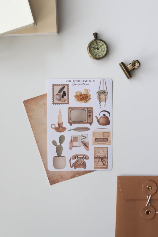 Decorative journaling sheet of kiss-cut  vintage watercolour cozy home illustrations of journaling-planner stickers on Japanese washi paper