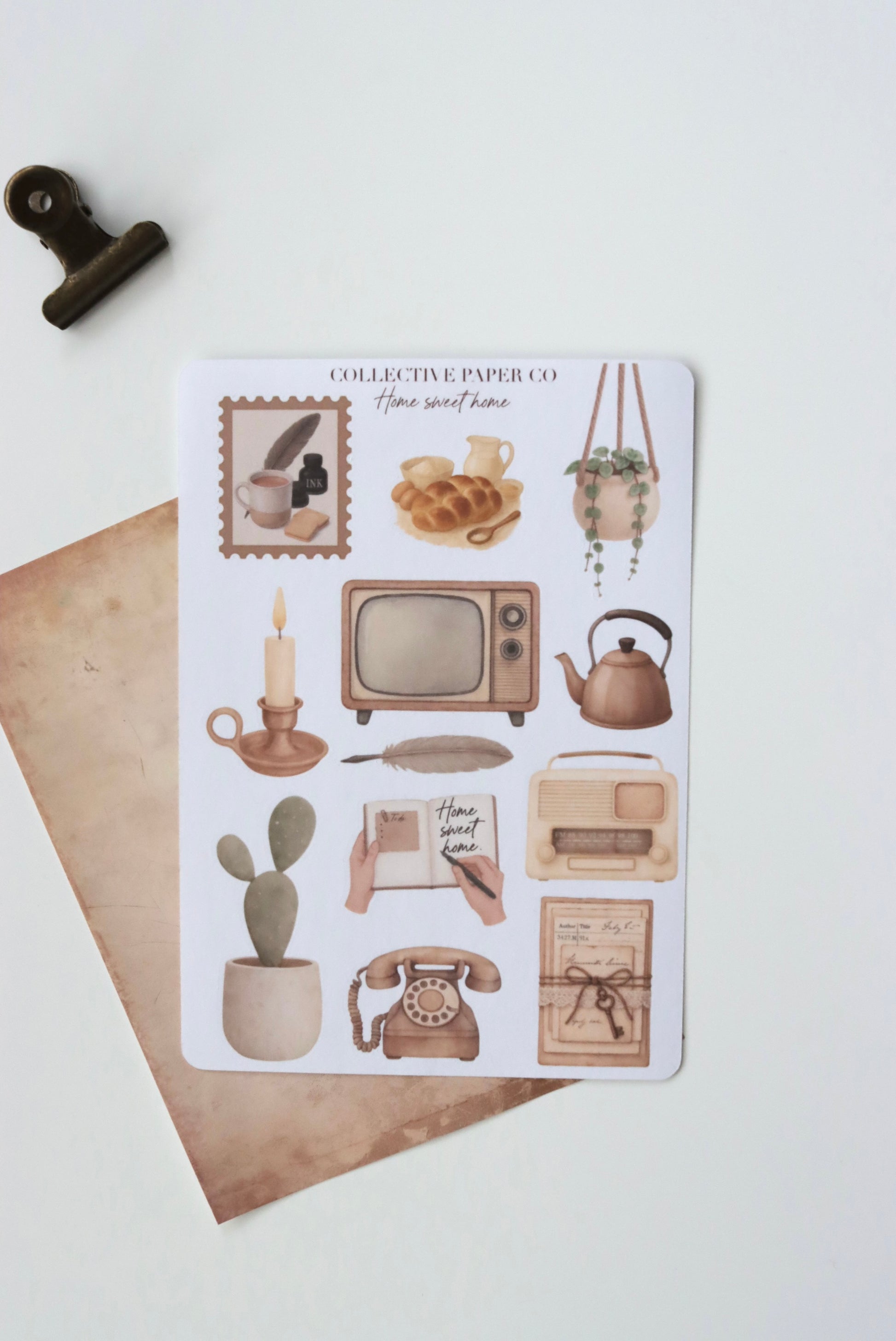 Decorative journaling sheet of kiss-cut  vintage watercolour cozy home illustrations of journaling-planner stickers on Japanese washi paper