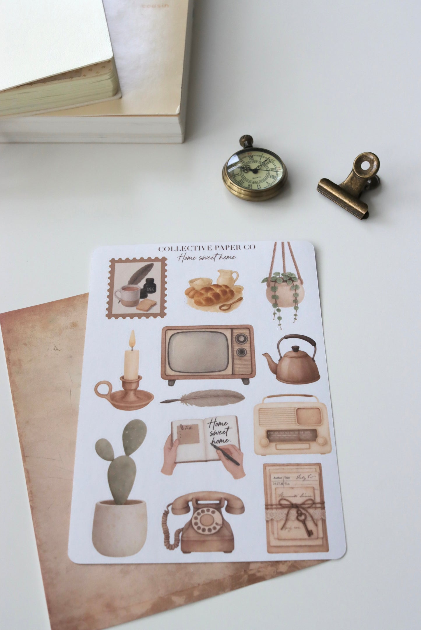 Decorative journaling sheet of kiss-cut  vintage watercolour cozy home illustrations of journaling-planner stickers on Japanese washi paper