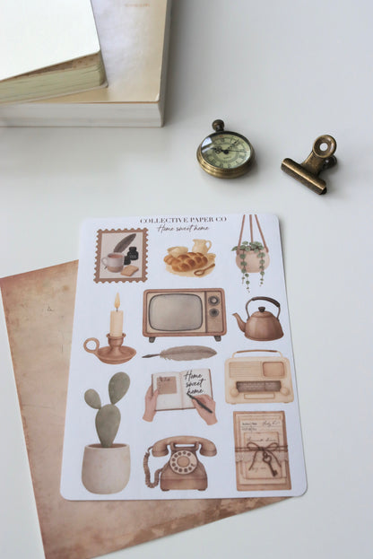 Decorative journaling sheet of kiss-cut  vintage watercolour cozy home illustrations of journaling-planner stickers on Japanese washi paper