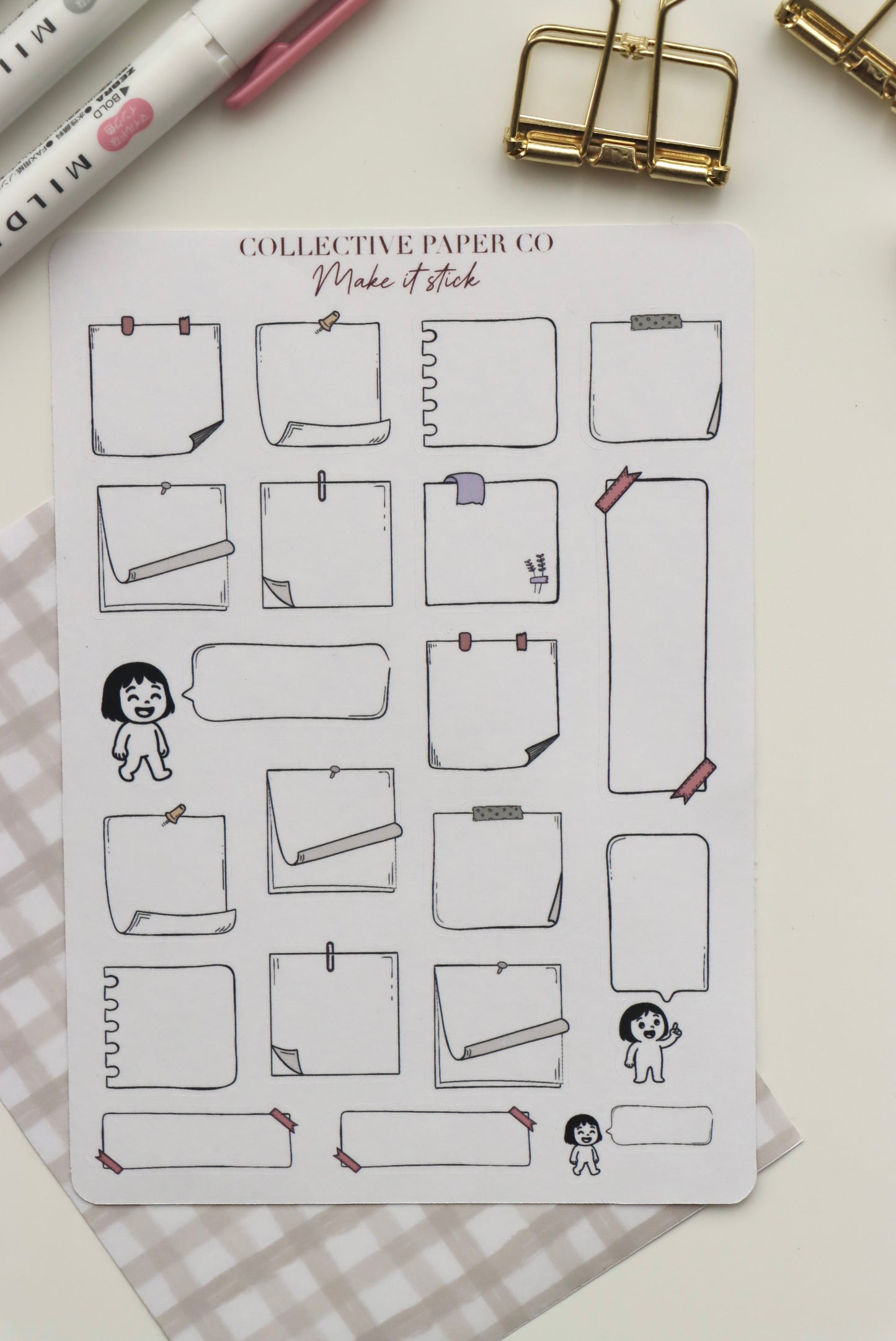 Decorative journaling sheet of kiss-cut vintage and realistic stickers of Make it stick notes and speech bubbles on Japanese washi paper