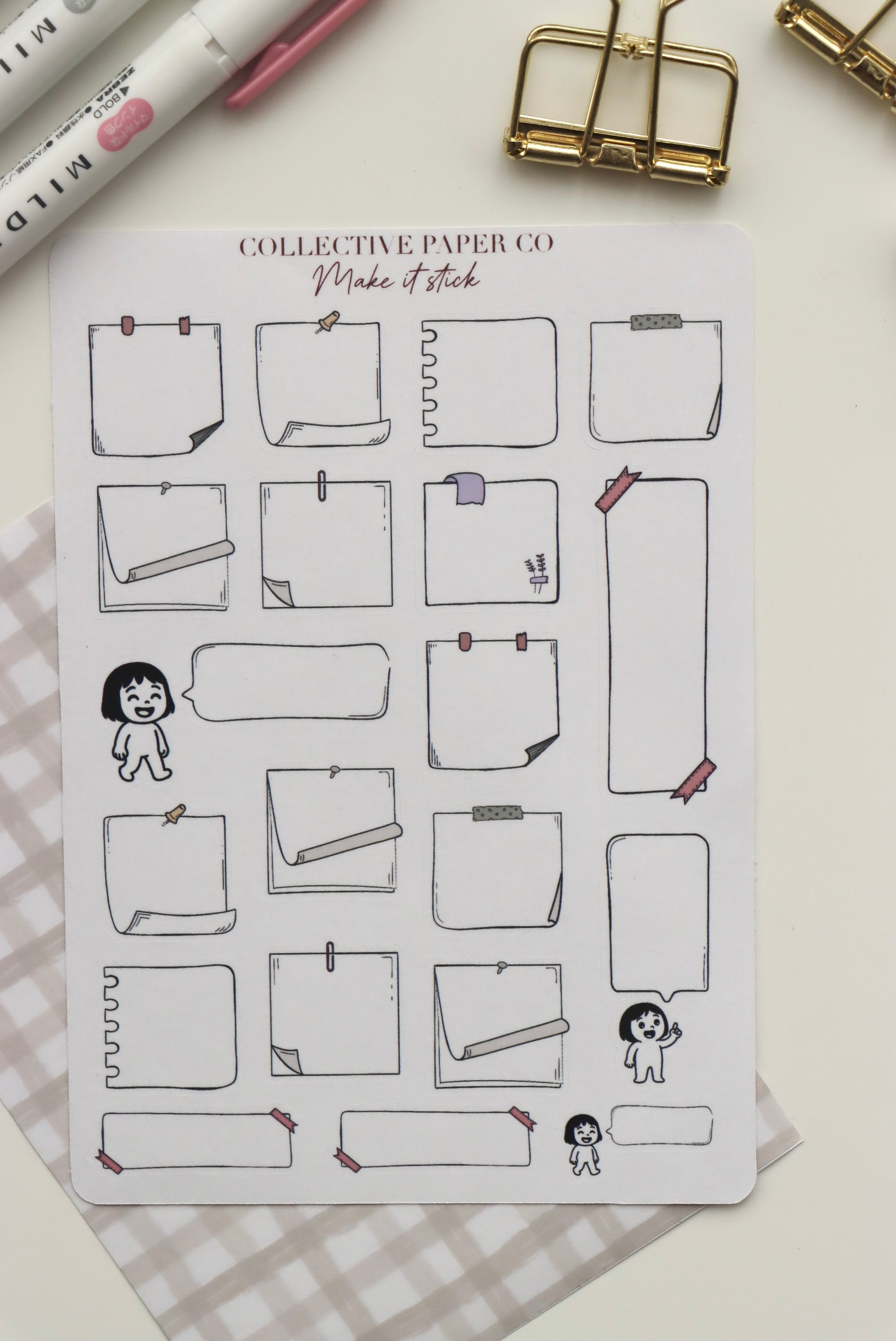 Decorative journaling sheet of kiss-cut vintage and realistic stickers of Make it stick notes and speech bubbles on Japanese washi paper