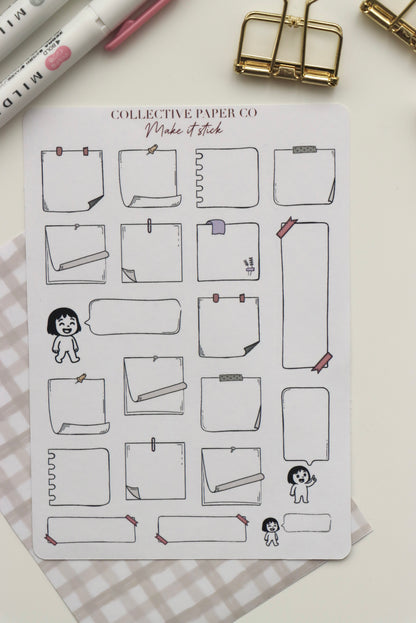 Decorative journaling sheet of kiss-cut vintage and realistic stickers of Make it stick notes and speech bubbles on Japanese washi paper
