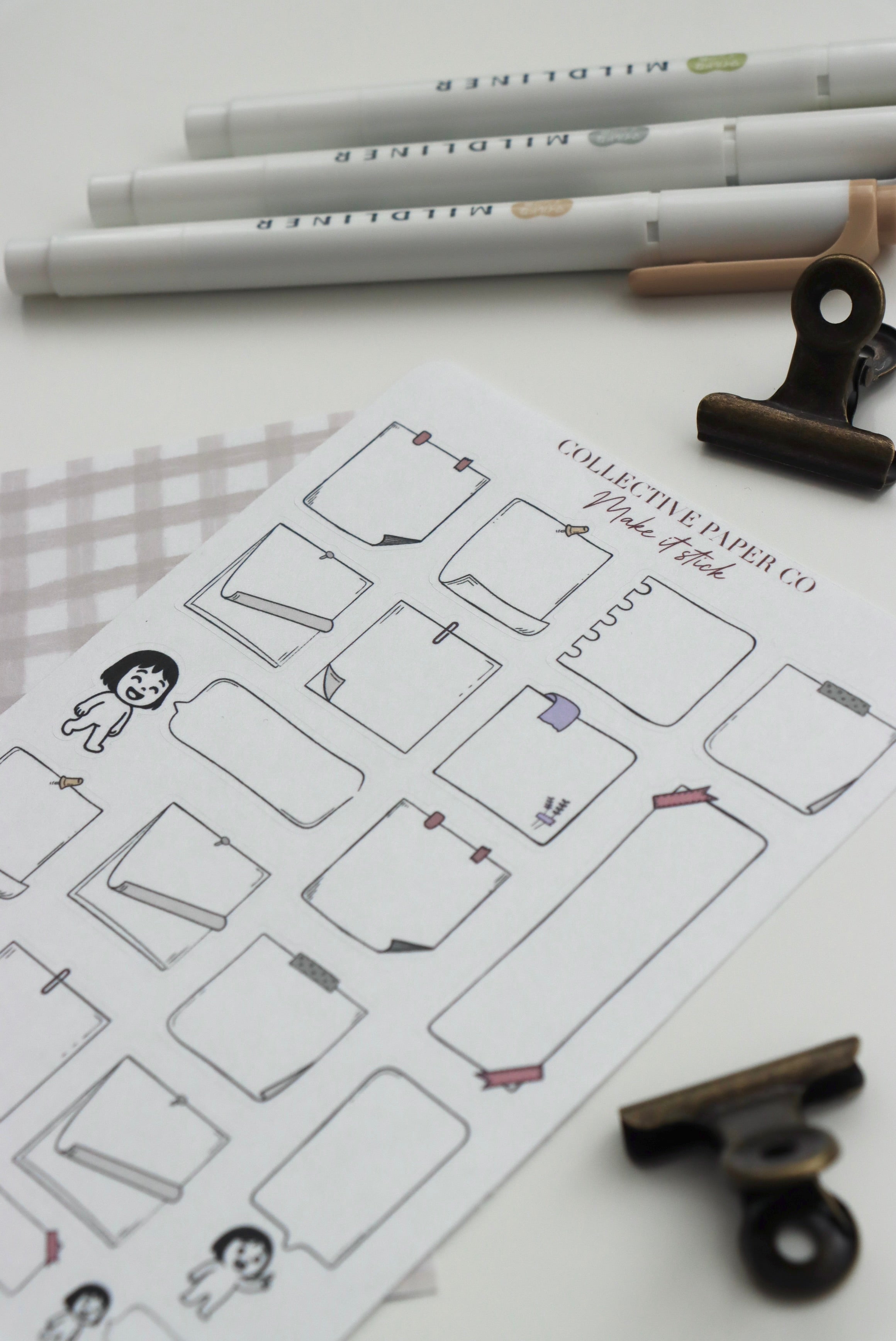 Decorative journaling sheet of kiss-cut vintage and realistic stickers of Make it stick notes and speech bubbles on Japanese washi paper