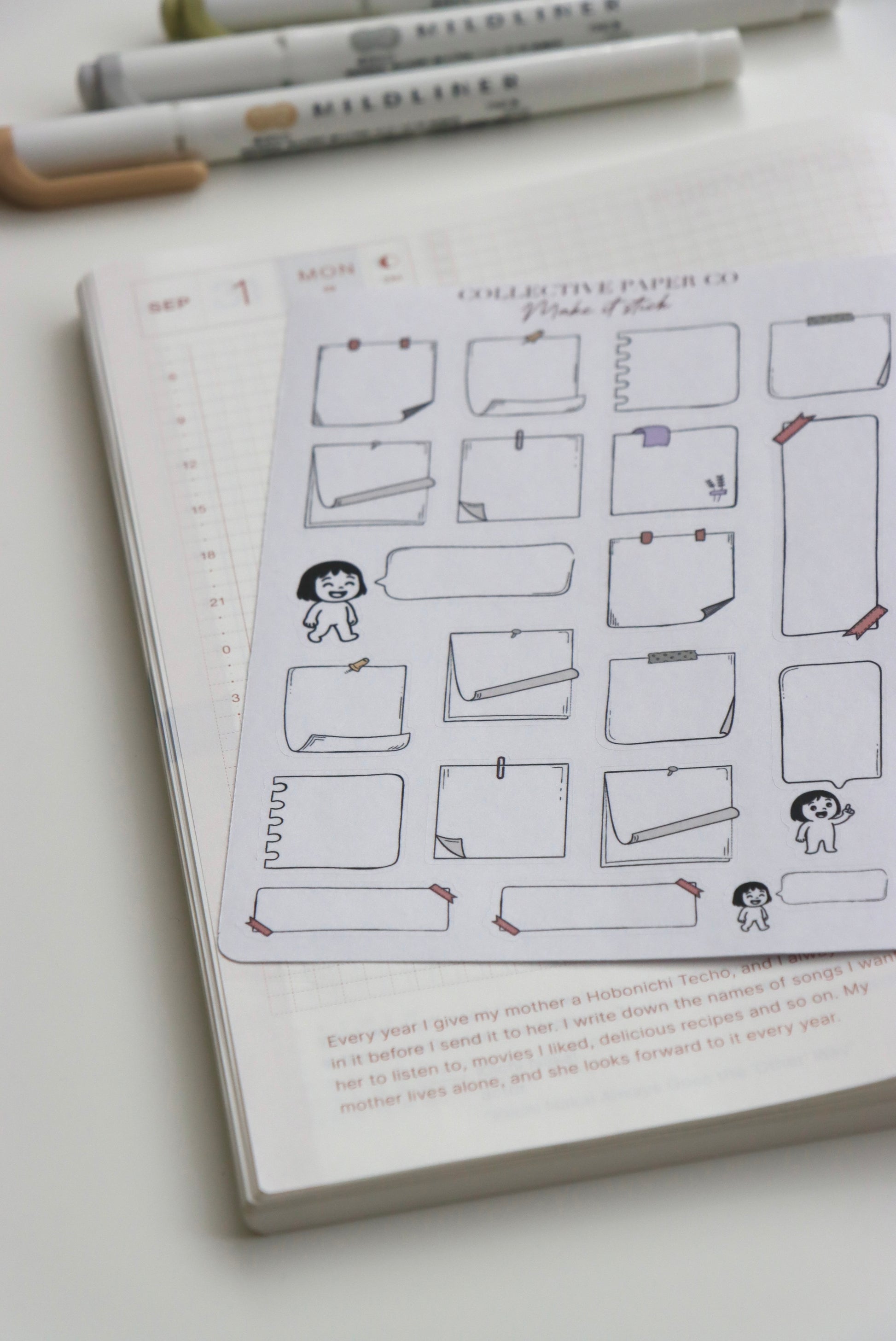 Decorative journaling sheet of kiss-cut vintage and realistic stickers of Make it stick notes and speech bubbles on Japanese washi paper
