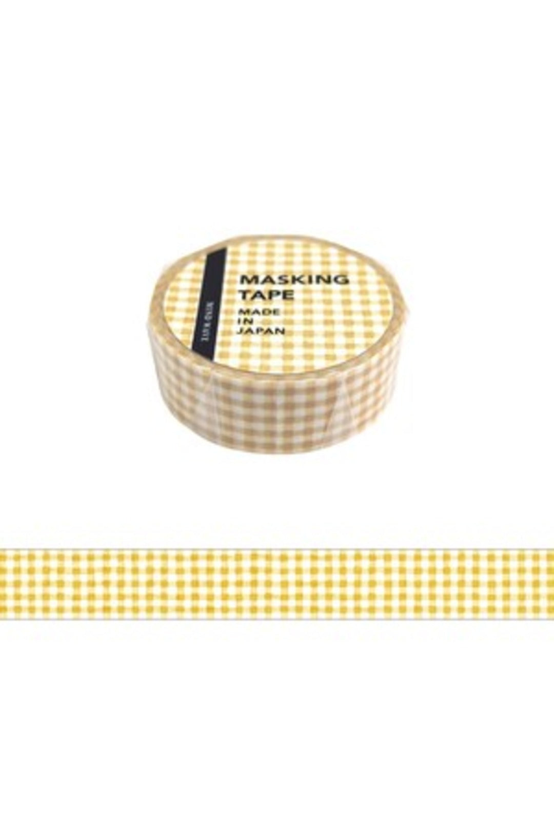 Roll of Mind Wave beige gingham check masking tape made in Japan on white background.