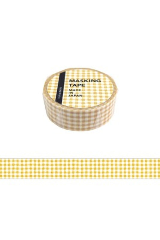 Roll of Mind Wave beige gingham check masking tape made in Japan on white background.