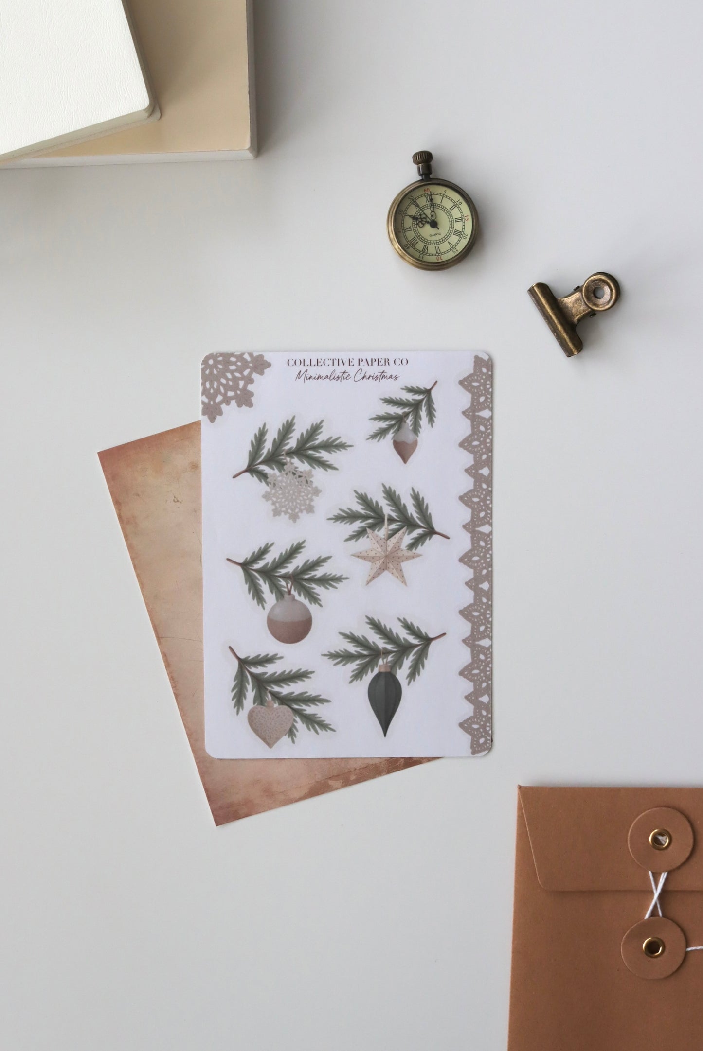 Decorative journaling sheet of kiss-cut  vintage watercolour Christmas illustrations of journaling-planner stickers on Japanese washi paper