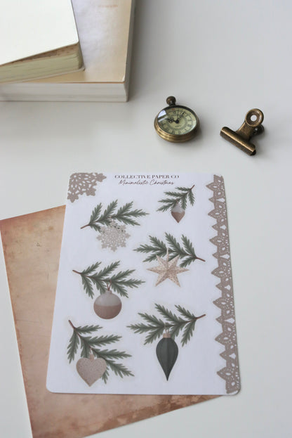 Decorative journaling sheet of kiss-cut  vintage watercolour Christmas illustrations of journaling-planner stickers on Japanese washi paper