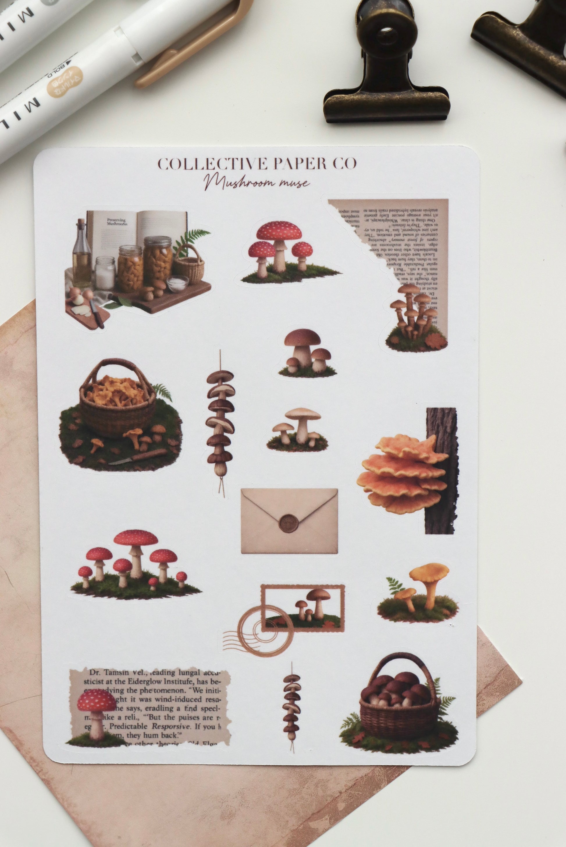 Decorative journaling sheet of kiss-cut vintage and realistic seasonal stickers of Mushroom muse on Japanese washi paper