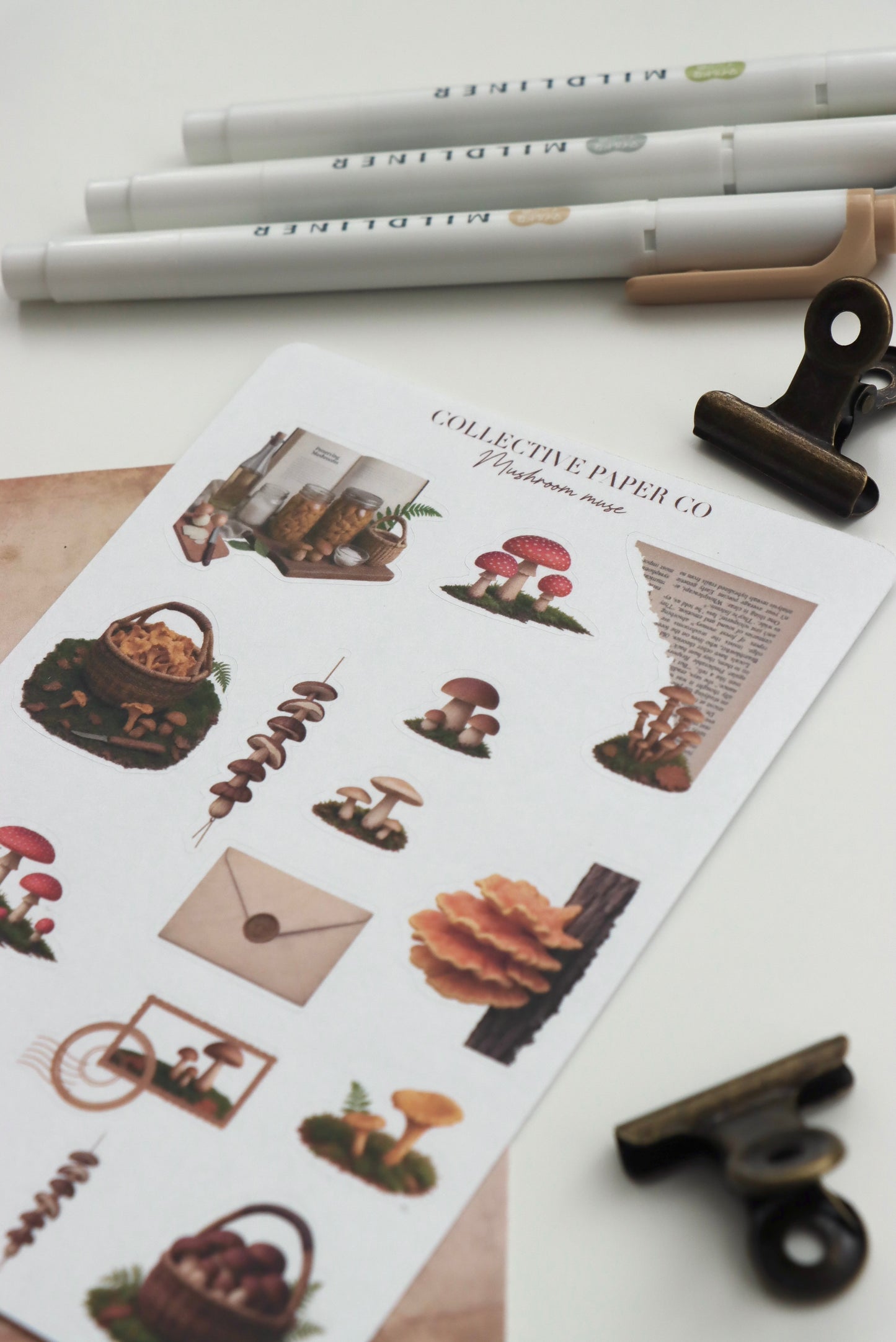 Decorative journaling sheet of kiss-cut vintage and realistic seasonal stickers of Mushroom muse on Japanese washi paper