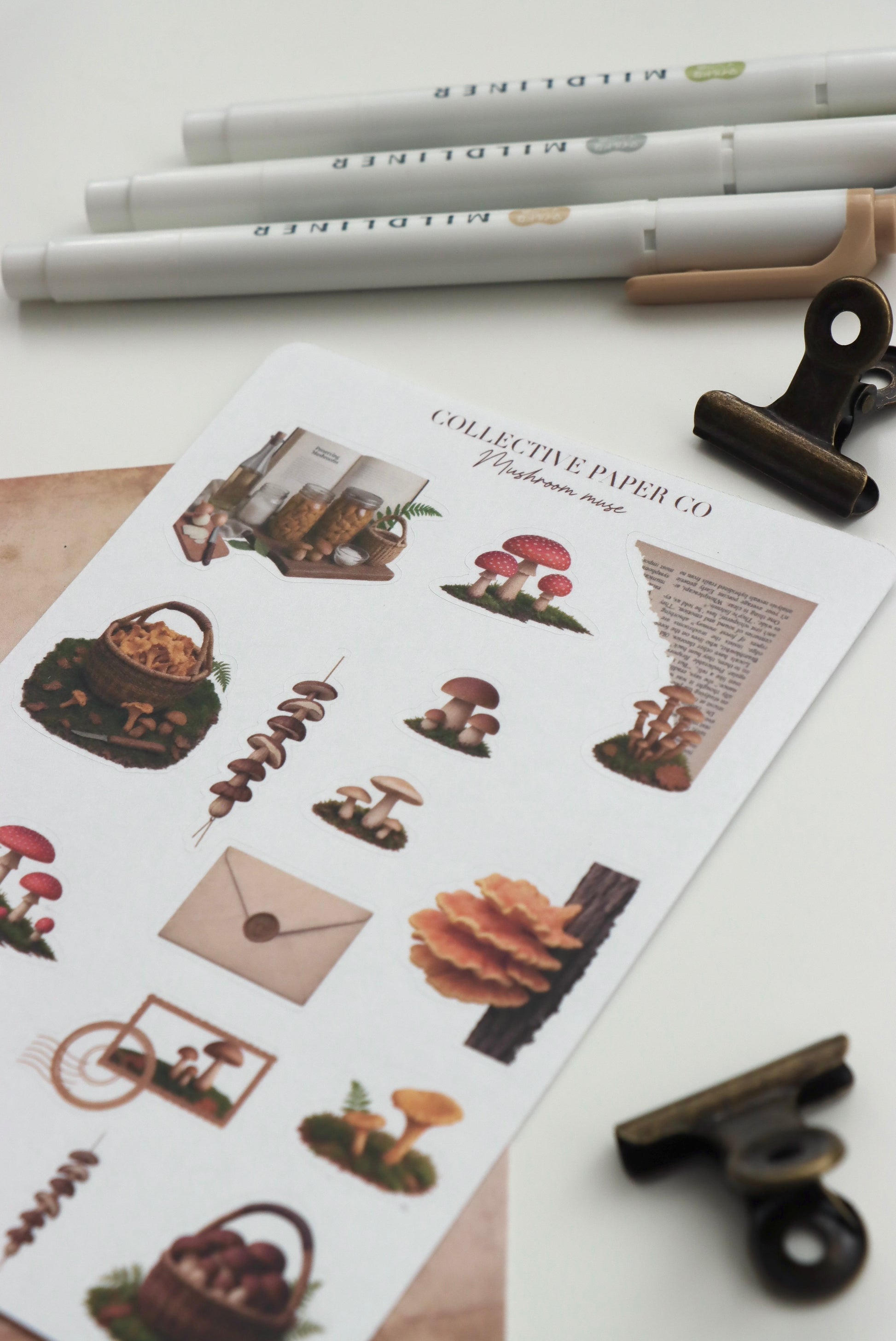 Decorative journaling sheet of kiss-cut vintage and realistic seasonal stickers of Mushroom muse on Japanese washi paper